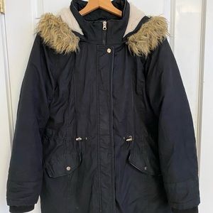 Black Faux Fur lined hooded Jacket.